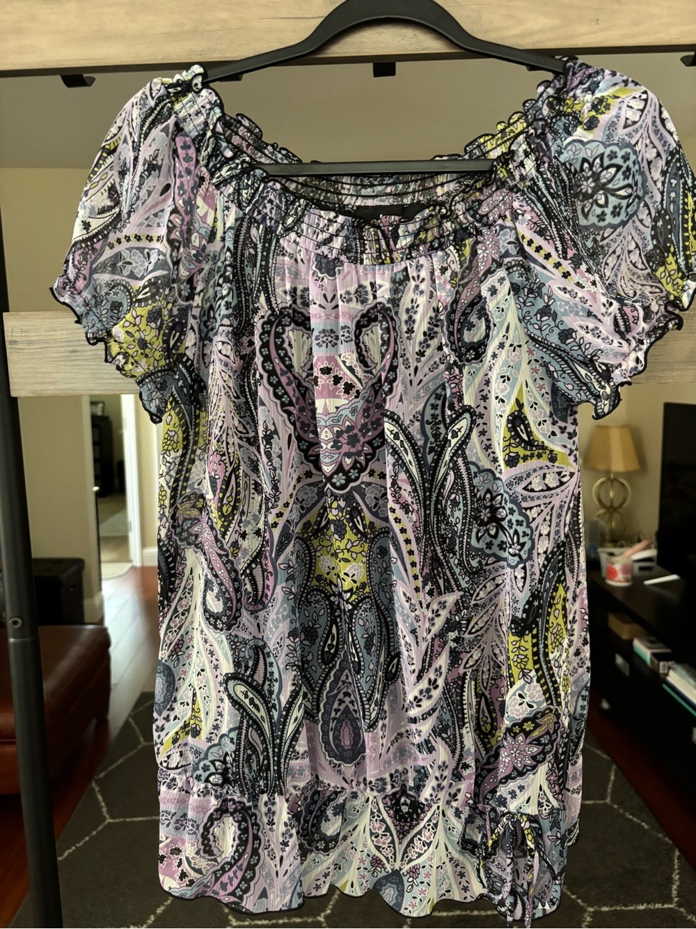 BCX Lavender Paisley Off-Shoulder Ruffle Blouse